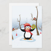 クリスマスプレゼントの冬の風景を持つペンギン シーズンカード (正面/裏面)