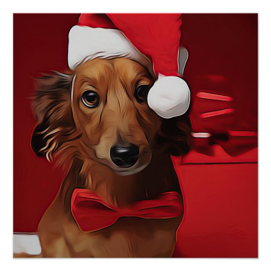 クリスマスプレゼントの前で座るダックスフンド ポスター (正面)