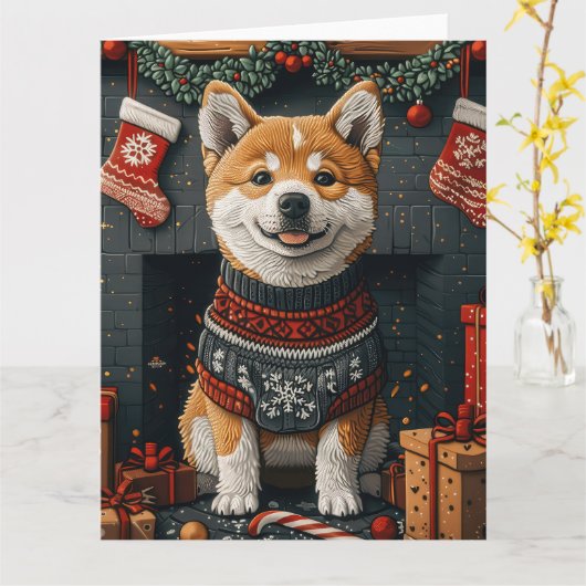 クリスマスプレゼントの暖炉と秋田犬 カード (黄色い花)