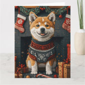 クリスマスプレゼントの暖炉と秋田犬 カード (正面)