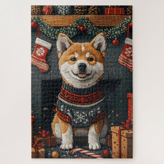 クリスマスプレゼントの暖炉と秋田犬 ジグソーパズル (縦)