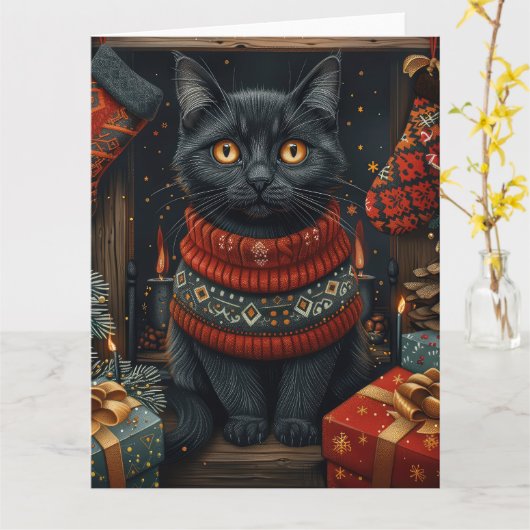 クリスマスプレゼントの暖炉と黒猫 カード (黄色い花)
