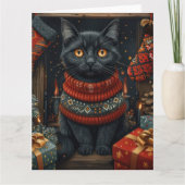 クリスマスプレゼントの暖炉と黒猫 カード (正面)
