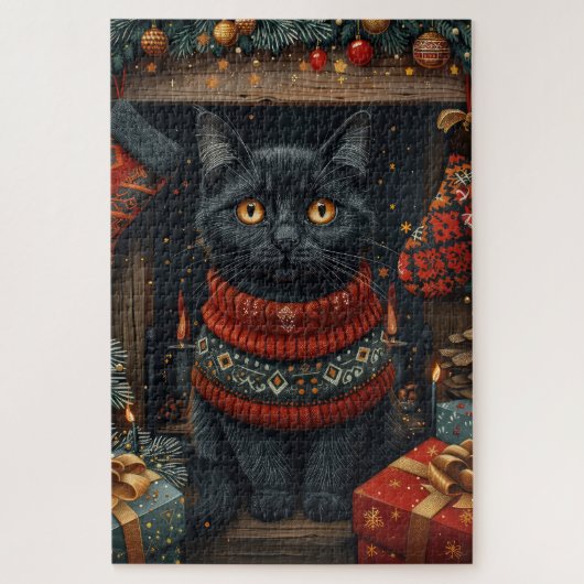 クリスマスプレゼントの暖炉と黒猫 ジグソーパズル (縦)