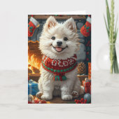 クリスマスプレゼントの暖炉を持つサモイドッグ カード (正面)