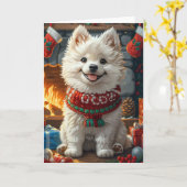 クリスマスプレゼントの暖炉を持つサモイドッグ カード (黄色い花)