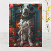 クリスマスプレゼントの暖炉を持つ大きなダン犬 カード (黄色い花)