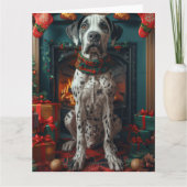 クリスマスプレゼントの暖炉を持つ大きなダン犬 カード (正面)