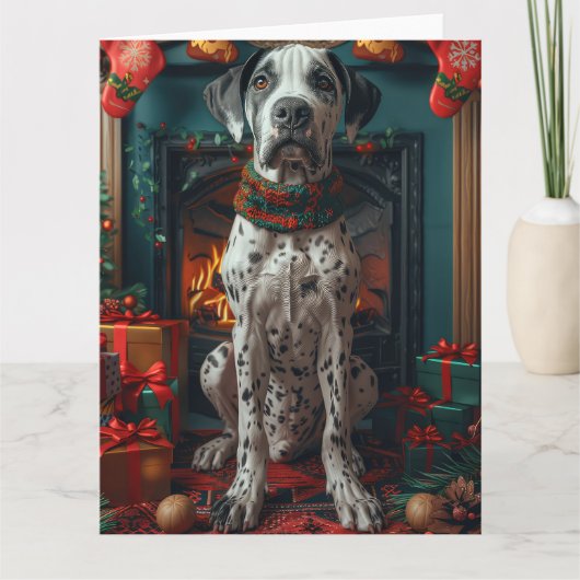 クリスマスプレゼントの暖炉を持つ大きなダン犬 カード (正面)