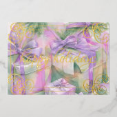 クリスマスプレゼントの水彩桃ミントラベンダー 箔シーズンカード (正面)