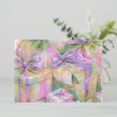 クリスマスプレゼントの水彩桃ミントラベンダー 箔シーズンカード (立ち正面)