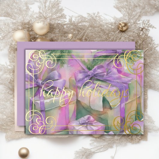 クリスマスプレゼントの水彩桃ミントラベンダー 箔シーズンカード
