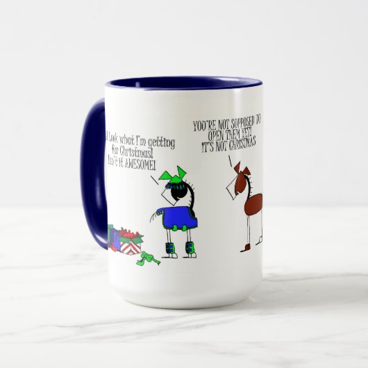 クリスマスプレゼントの漫画のマグを開けている馬 マグカップ (正面左)