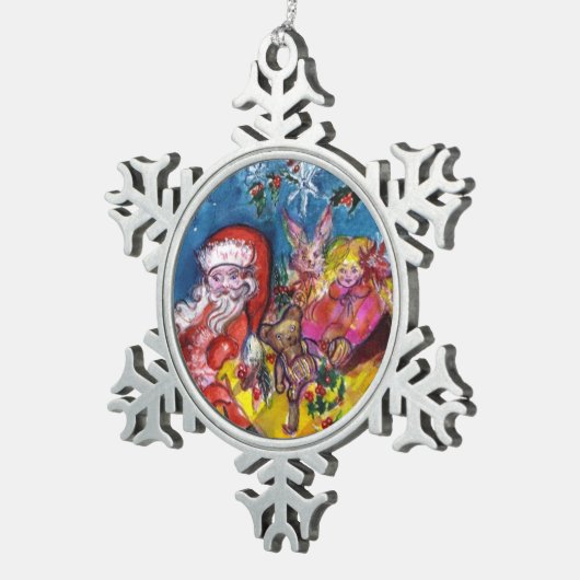 クリスマスプレゼントの袋とおもちゃを持つサンタクロース スノーフレークピューターオーナメント (右)