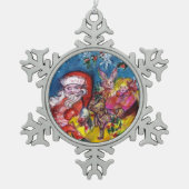 クリスマスプレゼントの袋とおもちゃを持つサンタクロース スノーフレークピューターオーナメント (正面)