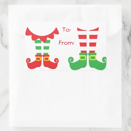 クリスマスプレゼントの赤と緑の小妖精や小人シール 長方形シール (バッグ)