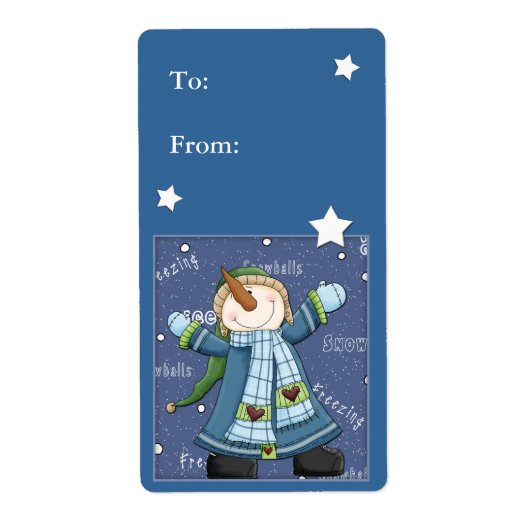 クリスマスプレゼントの雪だるまと星のラベル ラベル (正面)