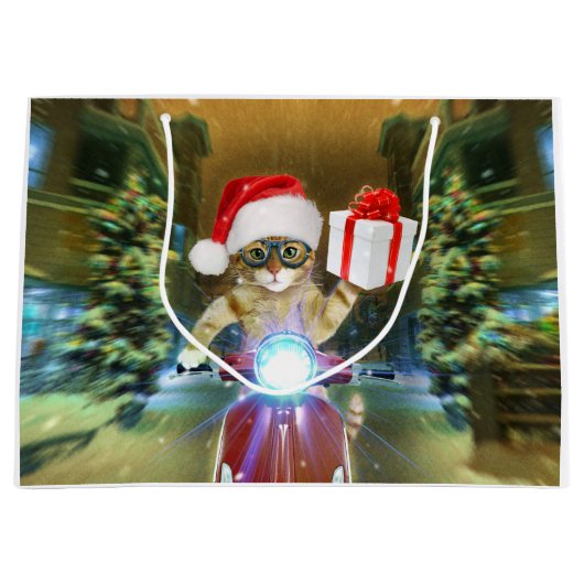 クリスマスプレゼントを届けるサンタクロースの猫 ラージペーパーバッグ (正面)