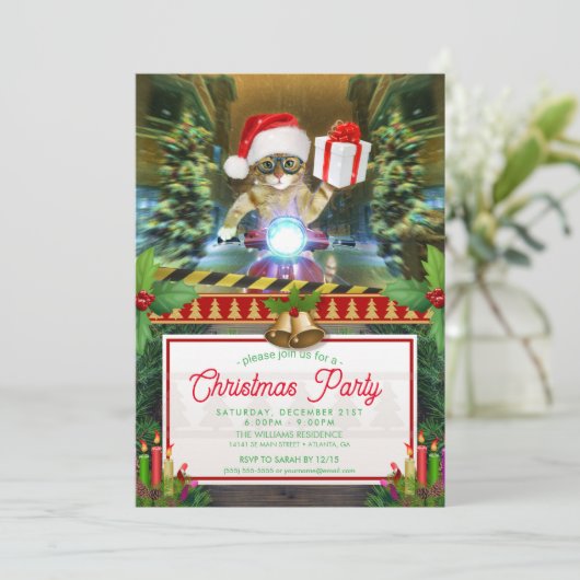 クリスマスプレゼントを届けるサンタクロースの猫 招待状 (スタンド正面)