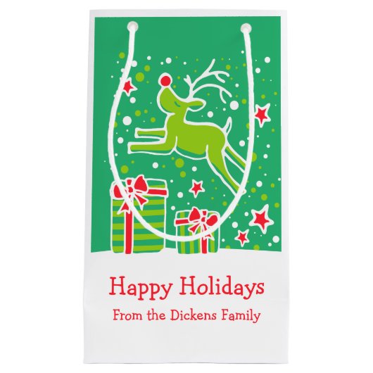 クリスマスプレゼントを巡る可愛いトナカイバッグ スモールペーパーバッグ (正面)