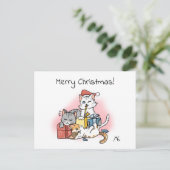 クリスマスプレゼントを巻き解く漫画の子猫 シーズンポストカード (スタンド正面)