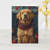 クリスマスプレゼントを手にしたいゴールデンレトリバーの犬とクリスマスストーブ カード (黄色い花)