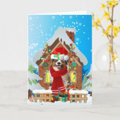 クリスマスプレゼントを抱えたオーストラリアン・シェパード犬 カード (黄色い花)