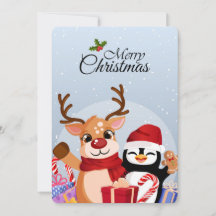 クリスマスプレゼントを持ったかわいいトナカイとペンギン