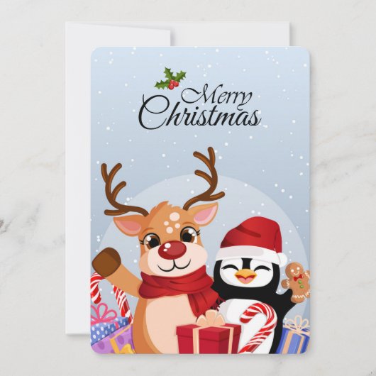クリスマスプレゼントを持ったかわいいトナカイとペンギン シーズンカード (正面)