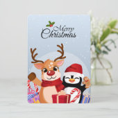 クリスマスプレゼントを持ったかわいいトナカイとペンギン シーズンカード (スタンド正面)