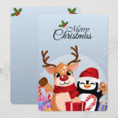 クリスマスプレゼントを持ったかわいいトナカイとペンギン シーズンカード (正面/裏面)