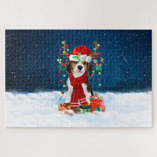 クリスマスプレゼントを持ったビーグル犬 ジグソーパズル (横)