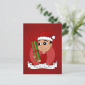 クリスマスプレゼントを持っているかわいい幼児 シーズンポストカード (スタンド正面)