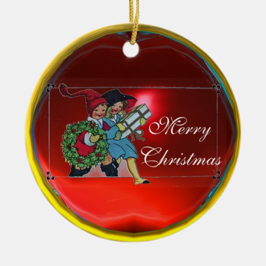 クリスマスプレゼントを持つ子供 セラミックオーナメント (正面)