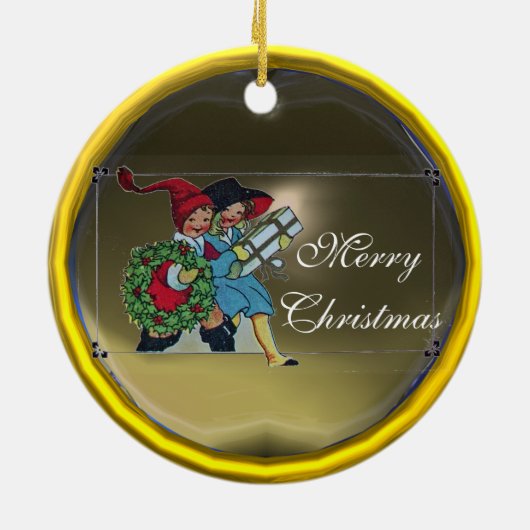 クリスマスプレゼントを持つ子供 セラミックオーナメント (裏面)