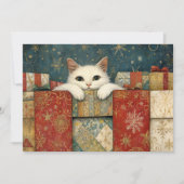 クリスマスプレゼントを覗きこむかわいい白猫 シーズンカード (正面)