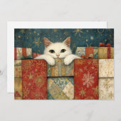 クリスマスプレゼントを覗きこむかわいい白猫 シーズンカード (正面/裏面)