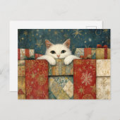 クリスマスプレゼントを覗きこむかわいい白猫 ポストカード (正面/裏面)