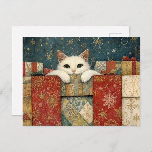 クリスマスプレゼントを覗きこむかわいい白猫 ポストカード (正面/裏面)