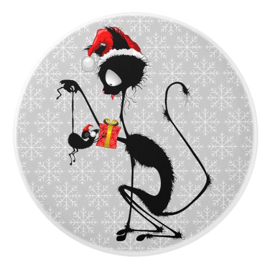 クリスマスプレゼントを贈るネコのサンタとマウス セラミックノブ (正面)