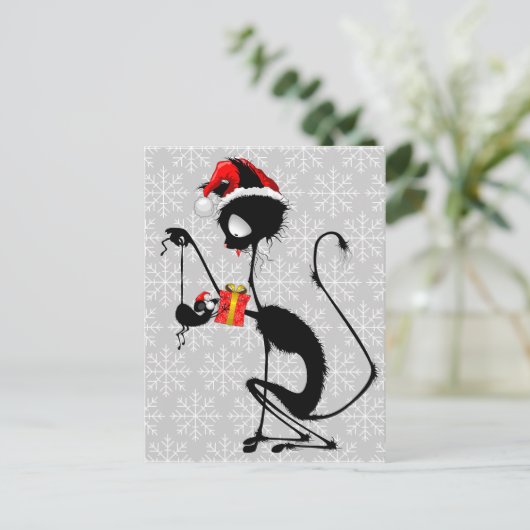 クリスマスプレゼントを贈るネコのサンタとマウス ポストカード (スタンド正面)