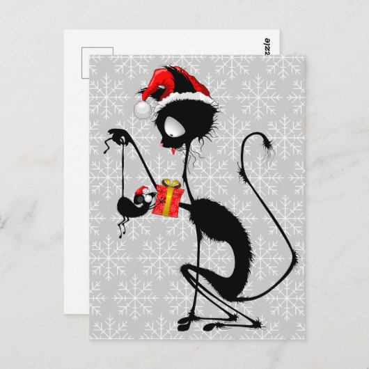 クリスマスプレゼントを贈るネコのサンタとマウス ポストカード (正面/裏面)