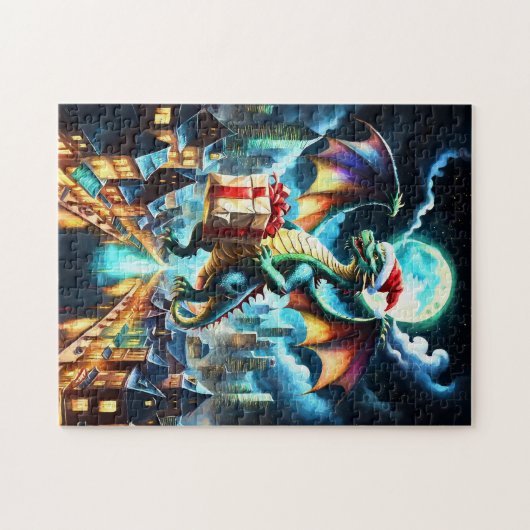 クリスマスプレゼントを贈る緑のドラゴン ジグソーパズル (横)