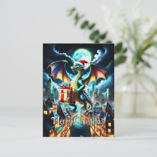 クリスマスプレゼントを贈る緑のドラゴン ポストカード (スタンド正面)