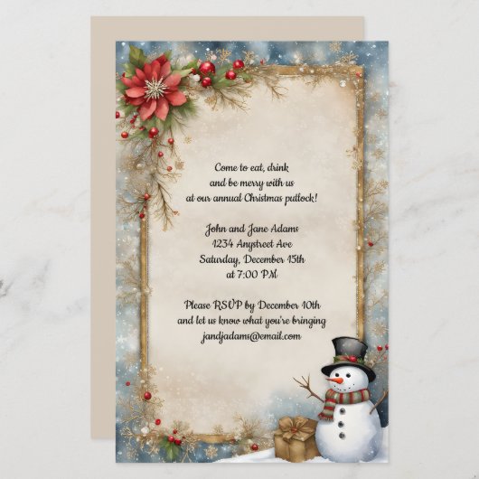 クリスマスプレゼントを贈る雪だるまの招待状 (正面/裏面)