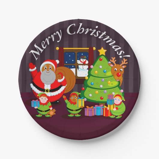 クリスマスプレゼントを贈る黒いサンタクロース。 ペーパープレート (正面)