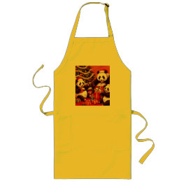 クリスマスプレゼントを開くパンダの家族 ロングエプロン