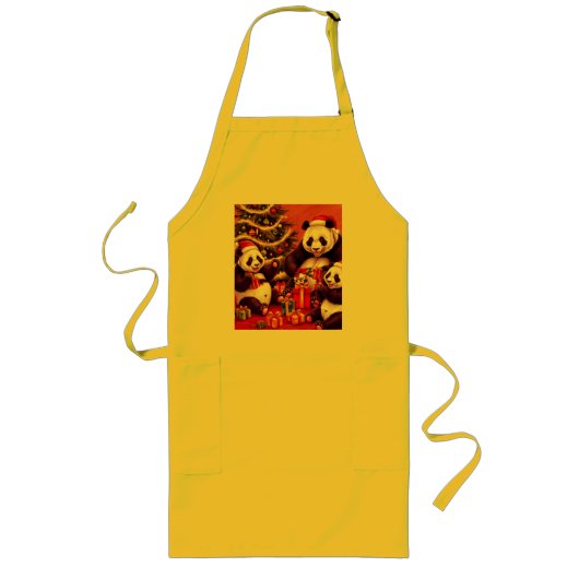 クリスマスプレゼントを開くパンダの家族 ロングエプロン (正面)