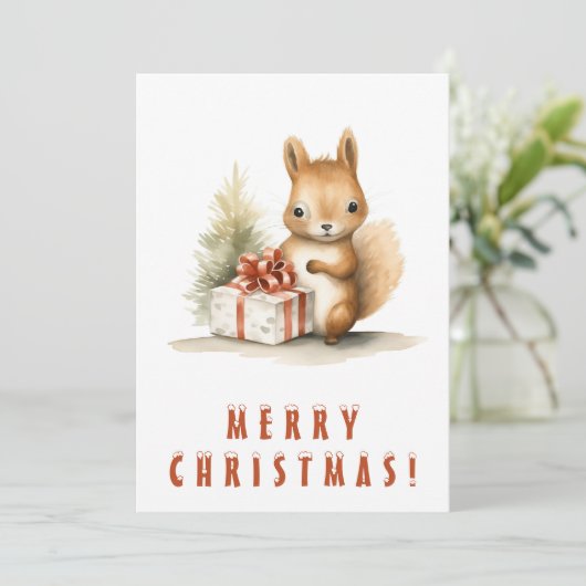 クリスマスプレゼントを飾ったかわいいリスとメリークリスマス シーズンカード (スタンド正面)