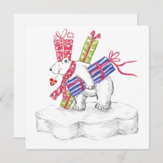 クリスマスプレゼントを飾ったかわいい漫画のホッキョクグマ シーズンカード (正面/裏面)